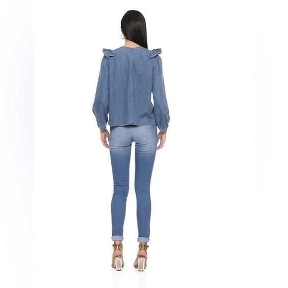 Zara Blue Denim Ruffle V-Front Blouse - Picture 3 of 7